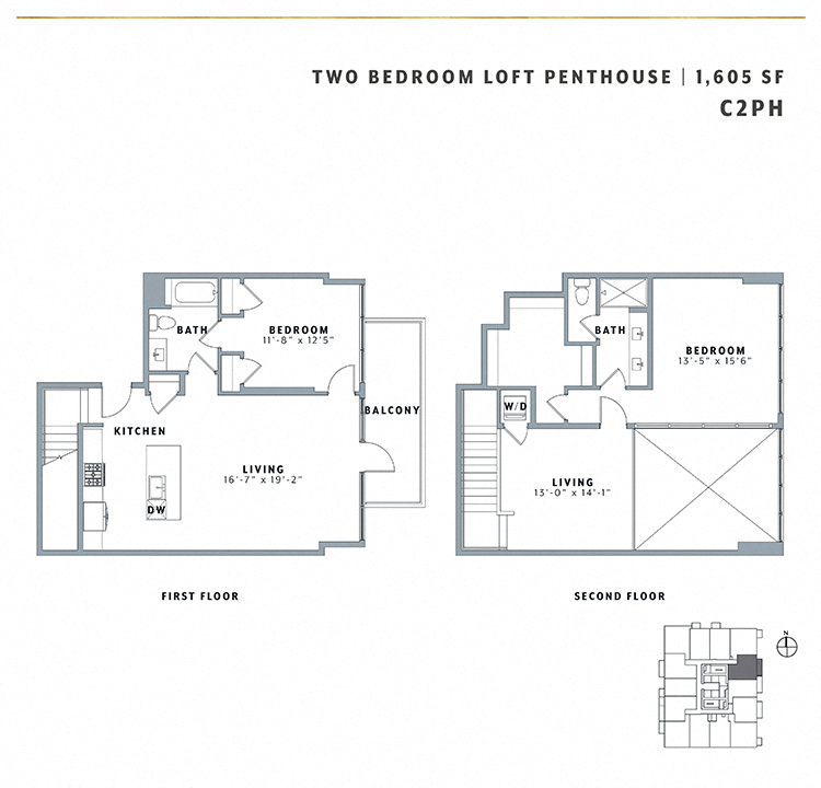 Floor plan for 2 beds, 2 baths, 1605 sqft